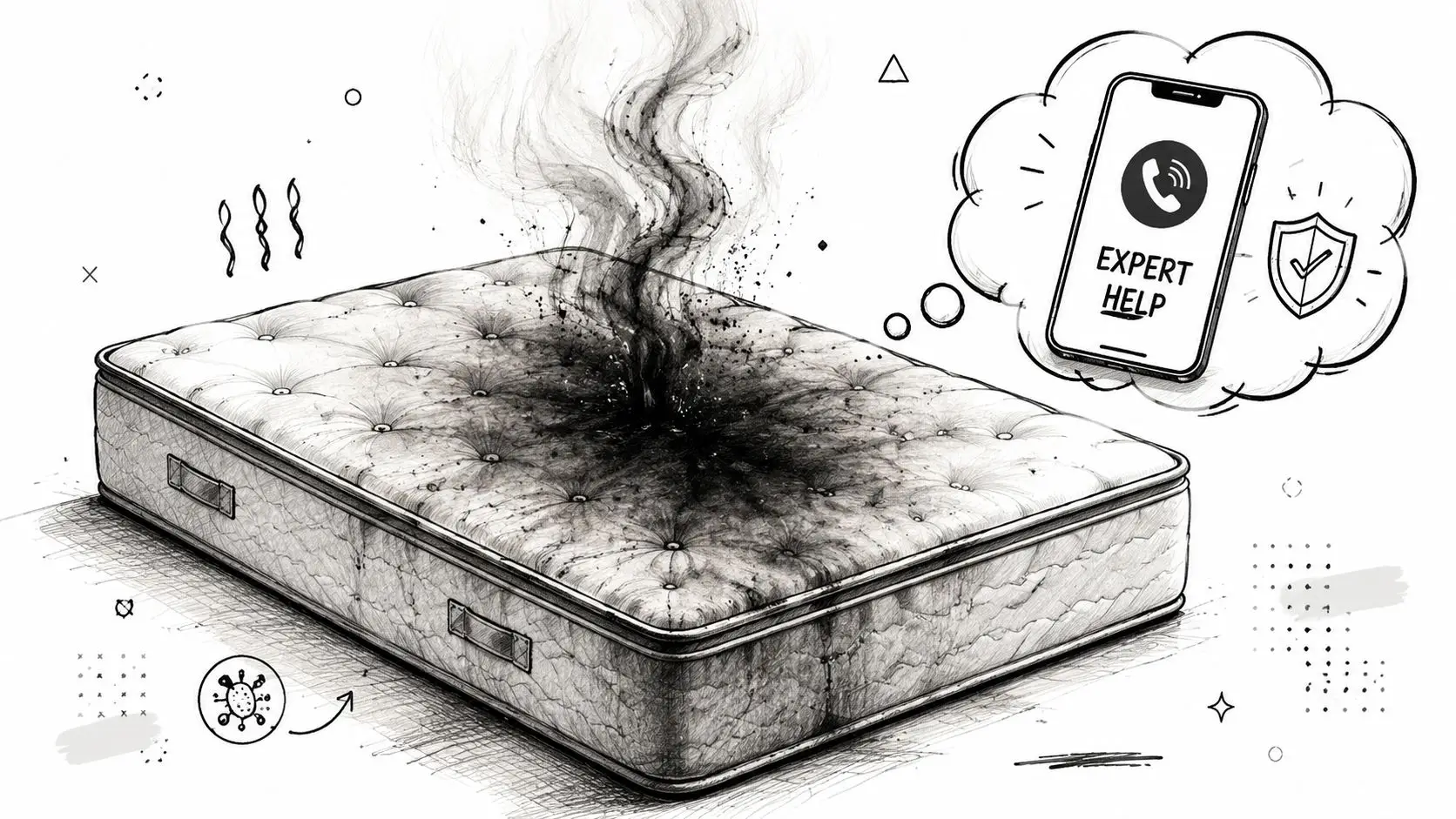 A charcoal sketch of a damaged mattress with smoke rising from a burn hole and a smartphone icon.