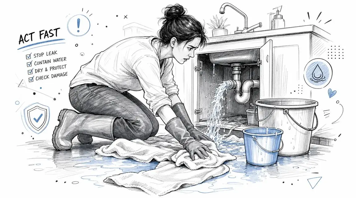 A woman wearing gloves kneels on the floor, using a towel to clean up water from a leaking sink.