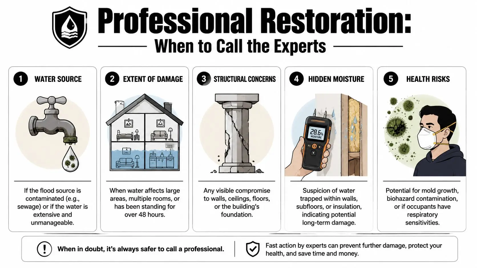 An infographic detailing five key reasons to hire professional restoration services after water damage occurs.
