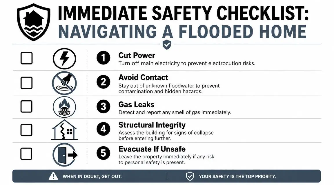 A safety checklist infographic for navigating a flooded home, featuring five key steps for personal safety.