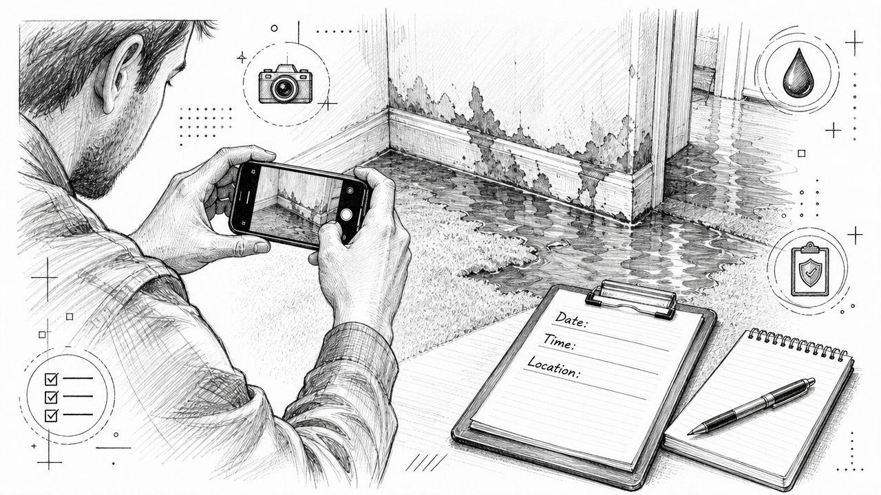 A person documenting a flooded room and water damage on walls using a smartphone and clipboard.