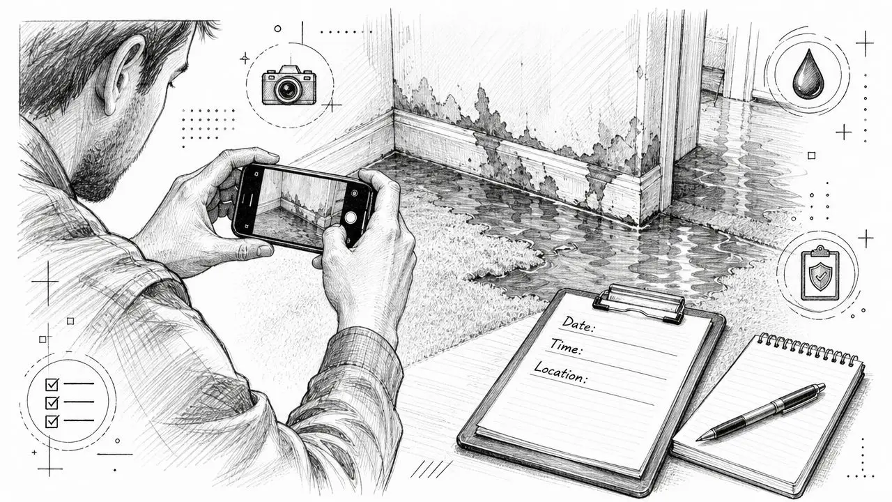 A person documenting a flooded room and water damage on walls using a smartphone and clipboard.