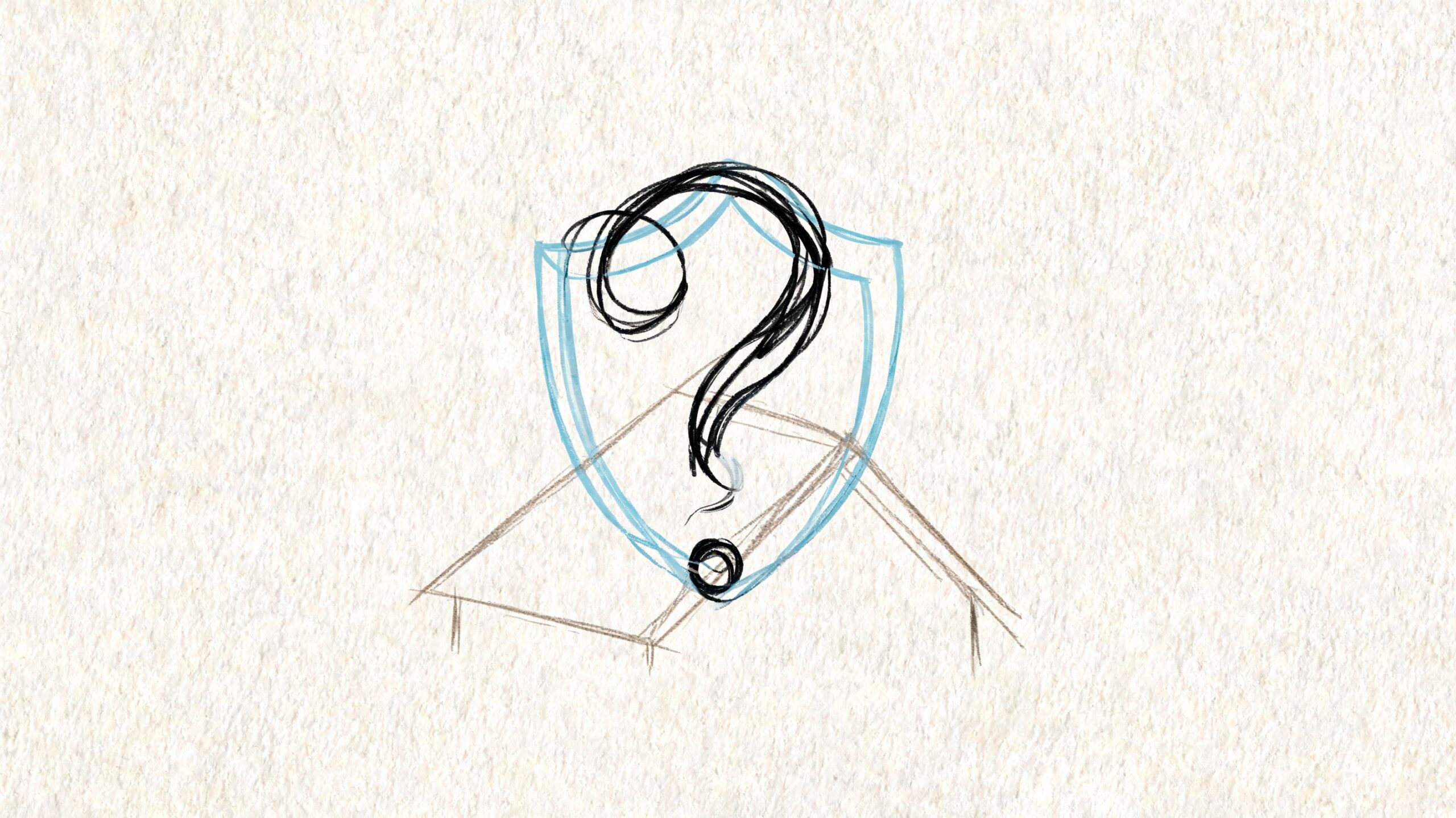 A conceptual sketch featuring a question mark overlaying a protective shield on top of a simple table outline.