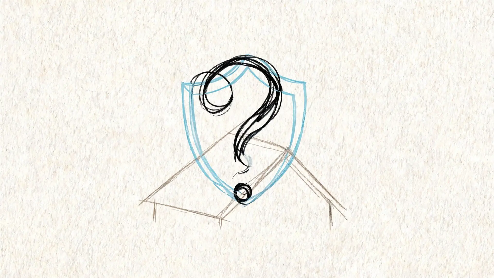 A conceptual sketch featuring a question mark overlaying a protective shield on top of a simple table outline.