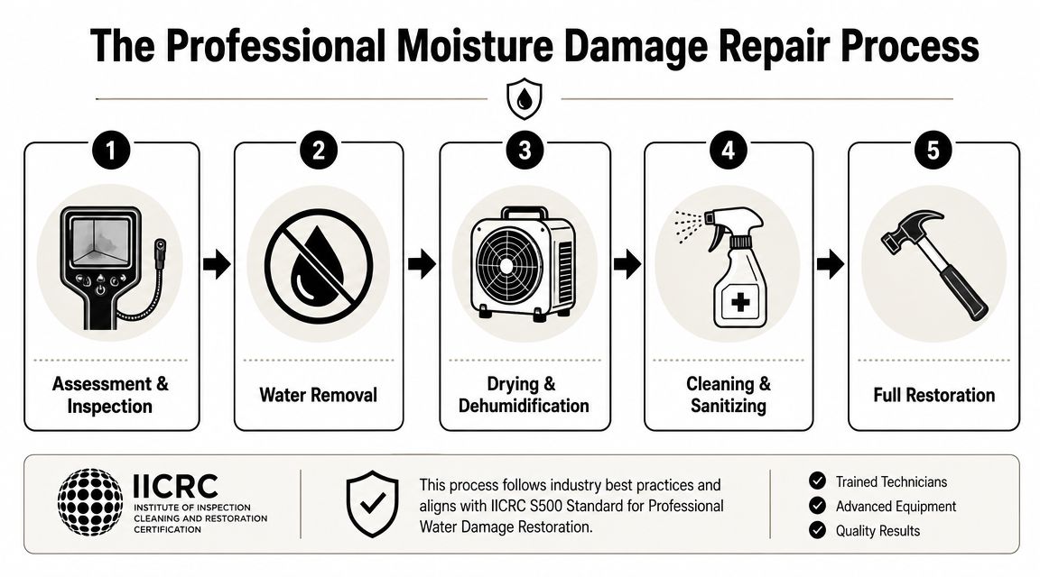 A five-step infographic showing the professional process for moisture damage repair, inspection, and full home restoration.