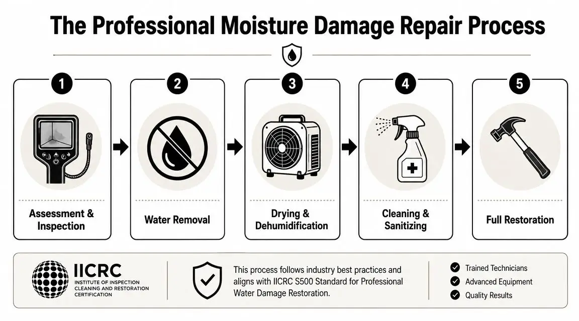 A five-step infographic showing the professional process for moisture damage repair, inspection, and full home restoration.