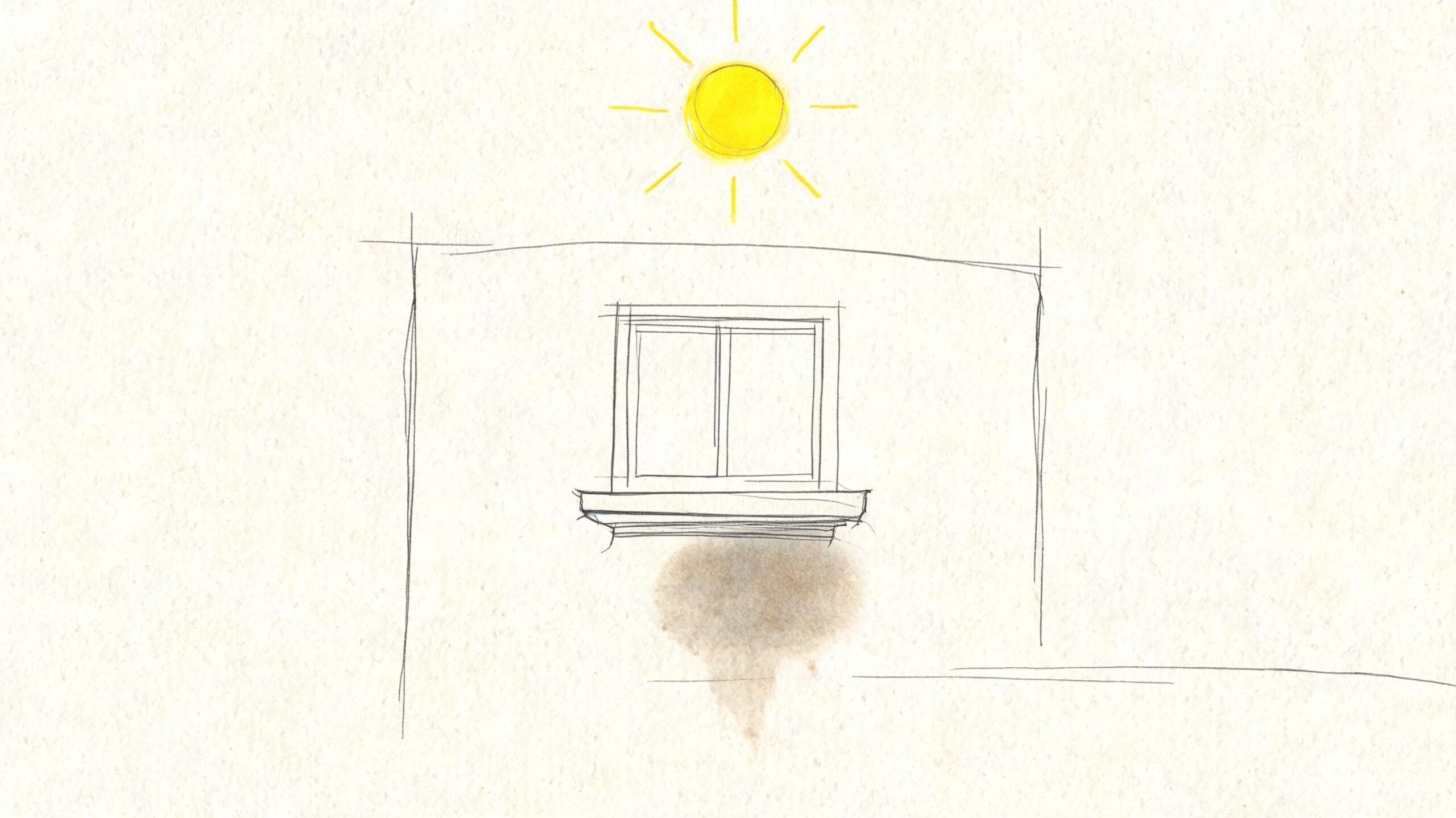 A pencil sketch of a house exterior showing a window with a water stain on the wall.