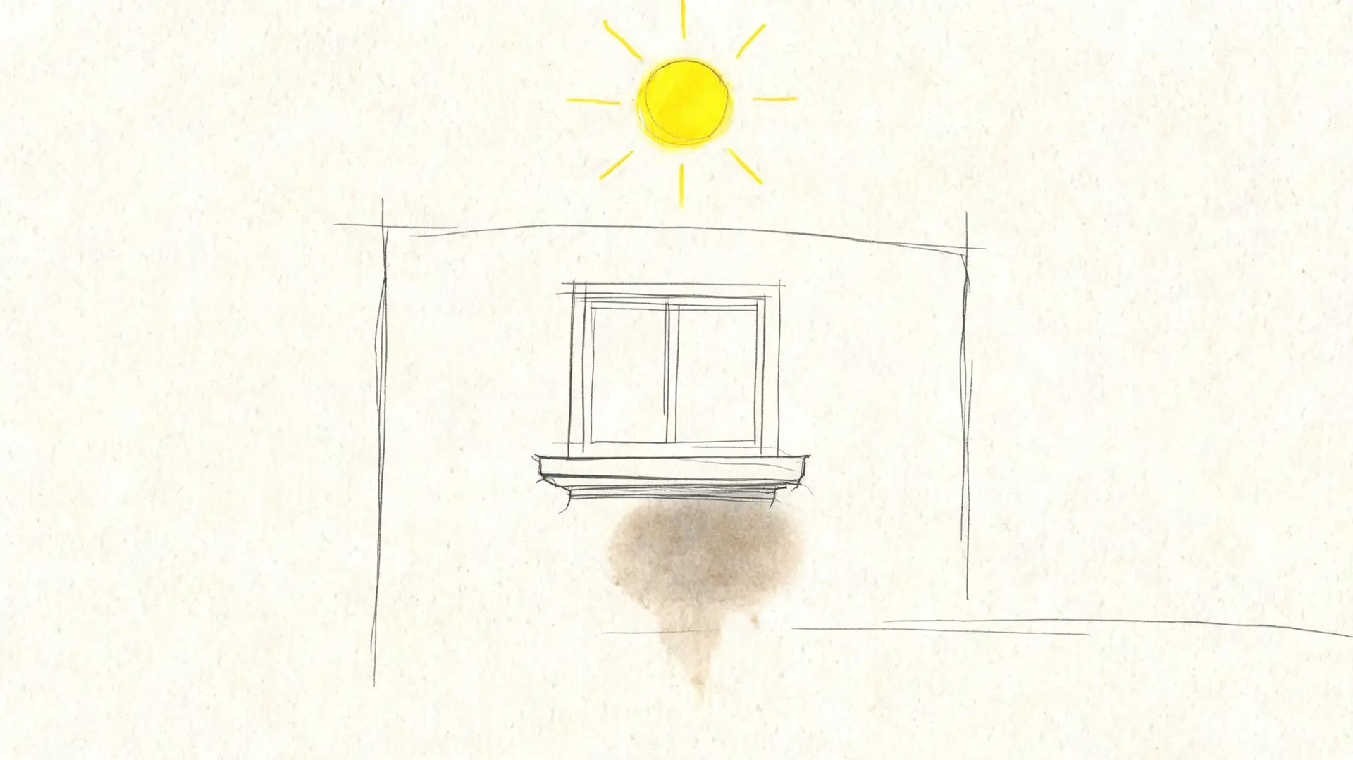 A pencil sketch of a house exterior showing a window with a water stain on the wall.