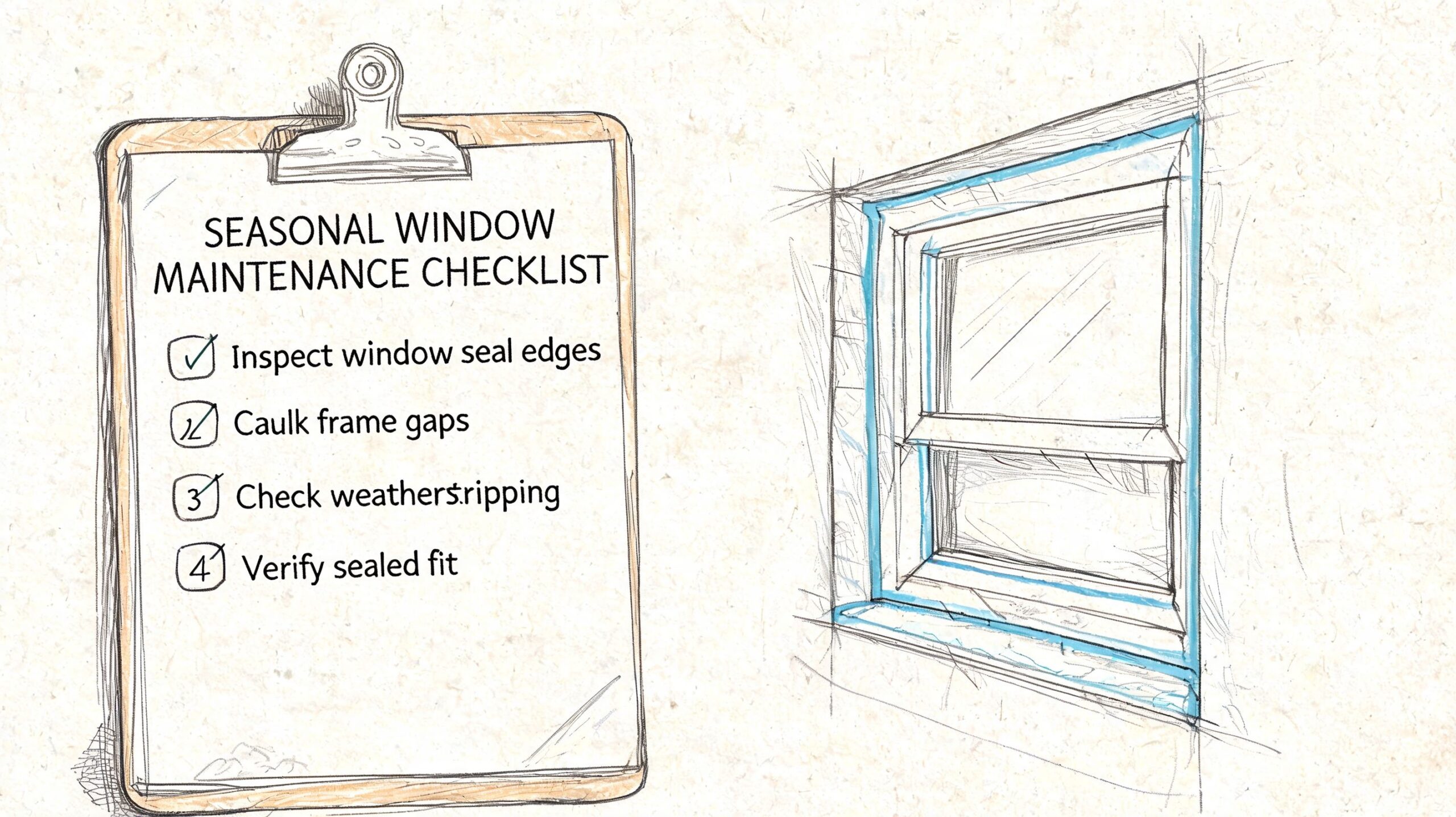 A clipboard with a seasonal window maintenance checklist next to a sketch of a window.