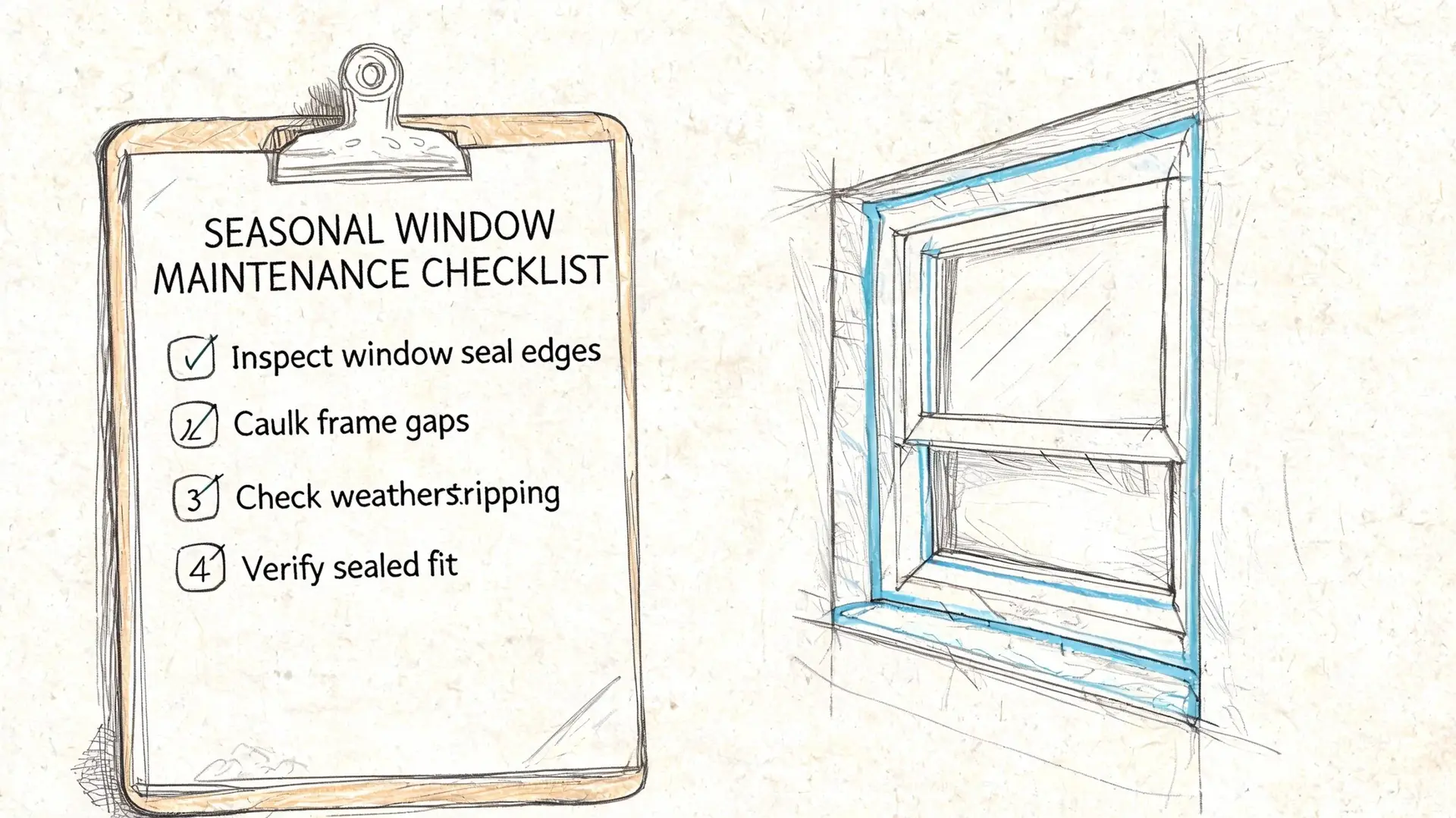 A clipboard with a seasonal window maintenance checklist next to a sketch of a window.