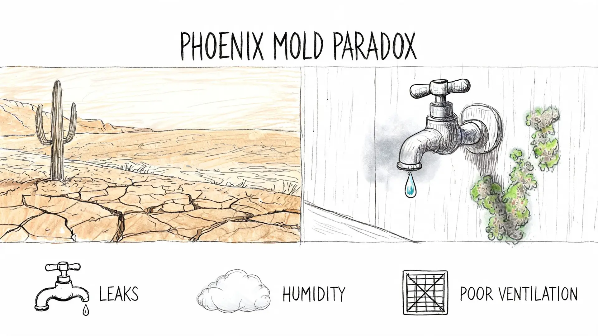 An illustration showing the Phoenix mold paradox, contrasting desert landscapes with indoor water leaks and mold.