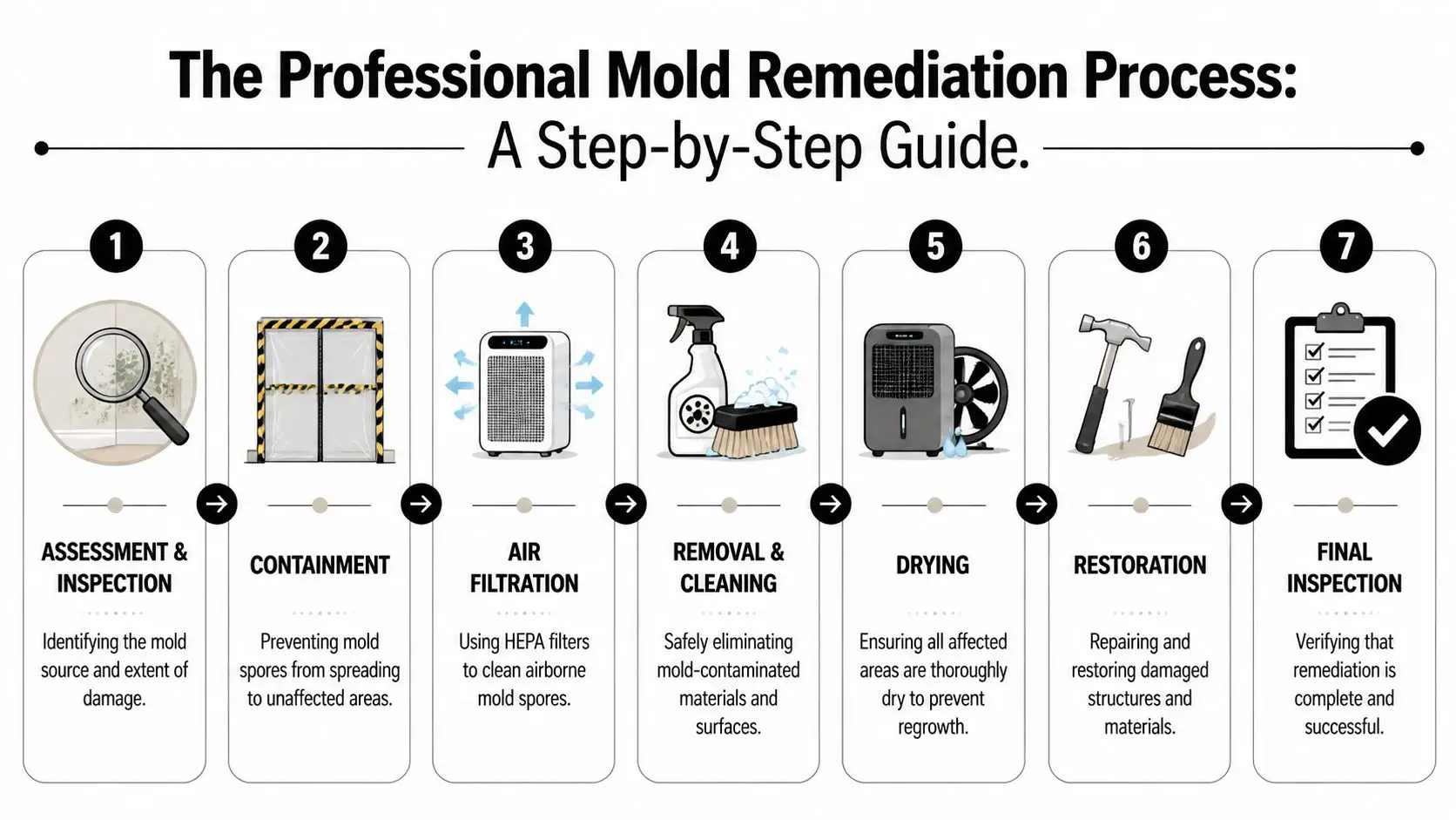 An infographic illustrating the seven professional steps of the mold remediation and removal process for damaged homes.