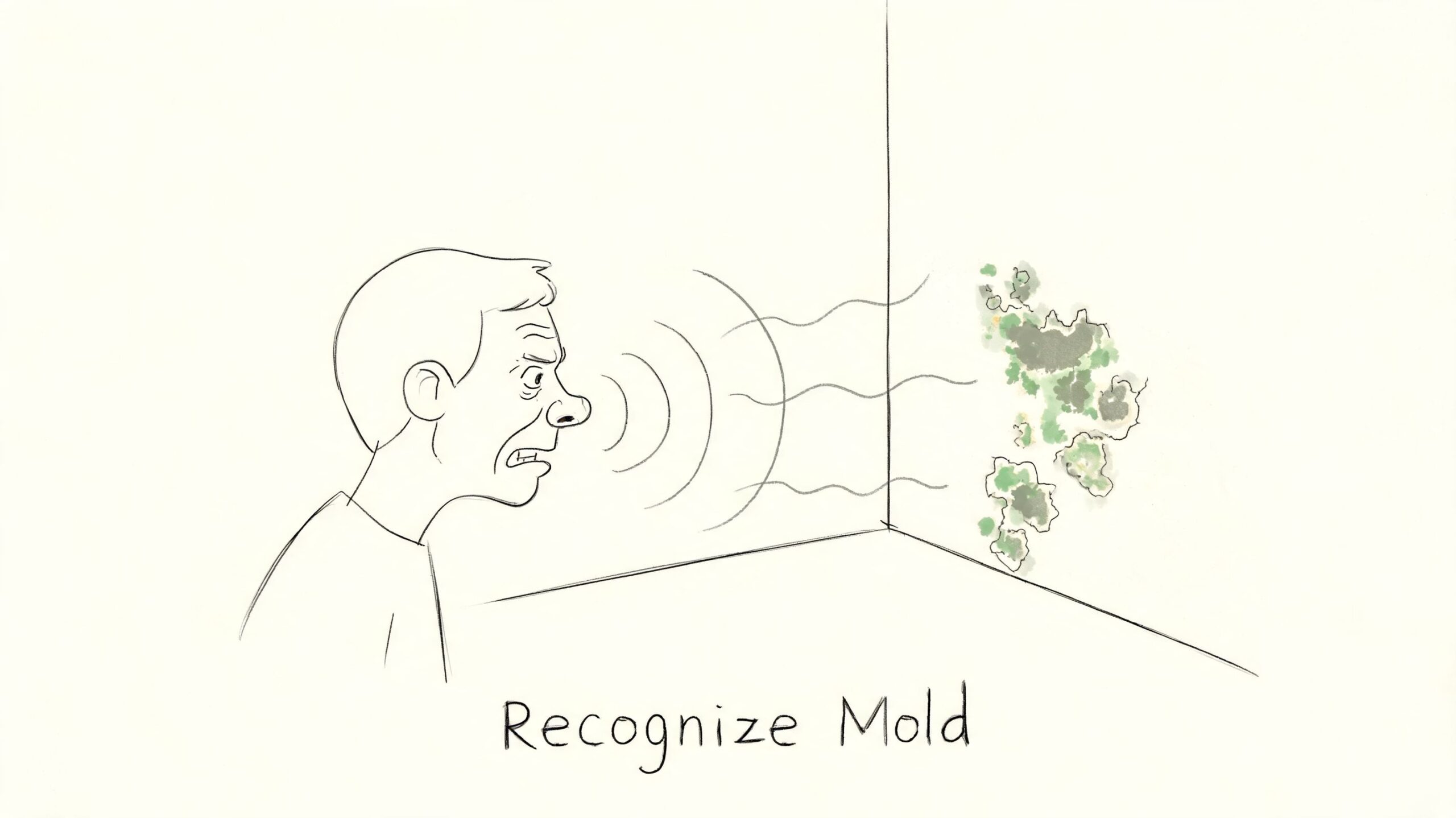 A hand-drawn illustration showing a person smelling mold growing on the corner of a wall.