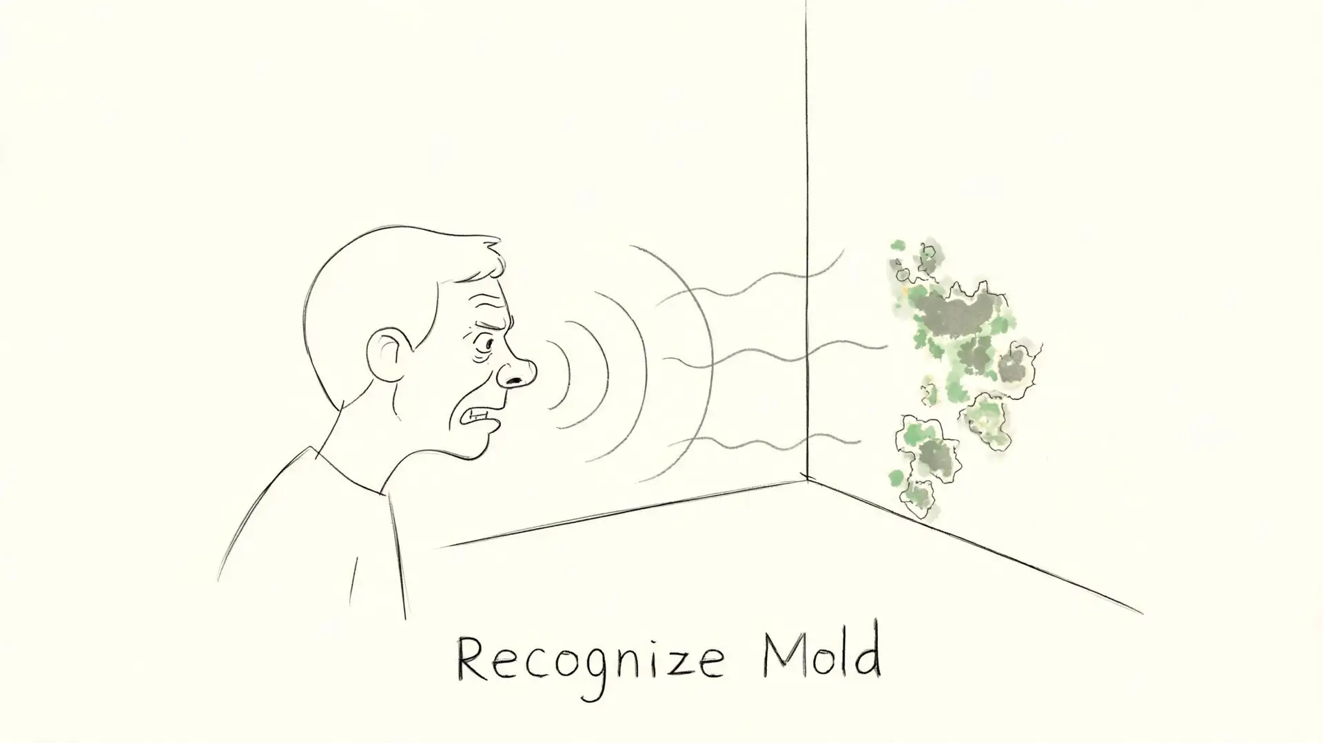 A hand-drawn illustration showing a person smelling mold growing on the corner of a wall.