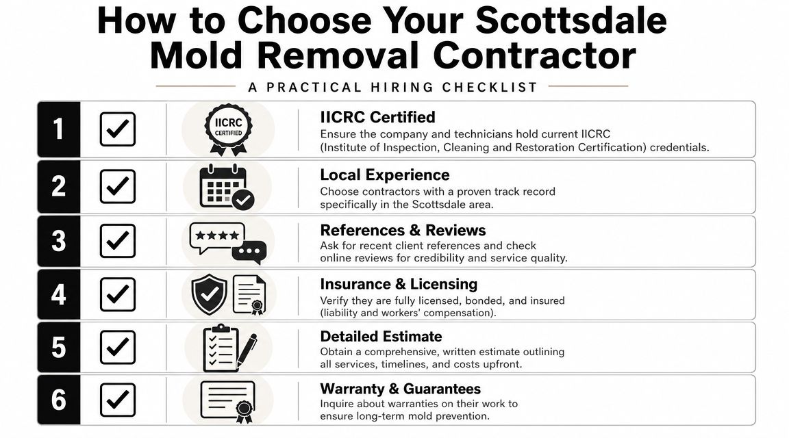 A checklist infographic titled How to Choose Your Scottsdale Mold Removal Contractor with six professional selection steps.