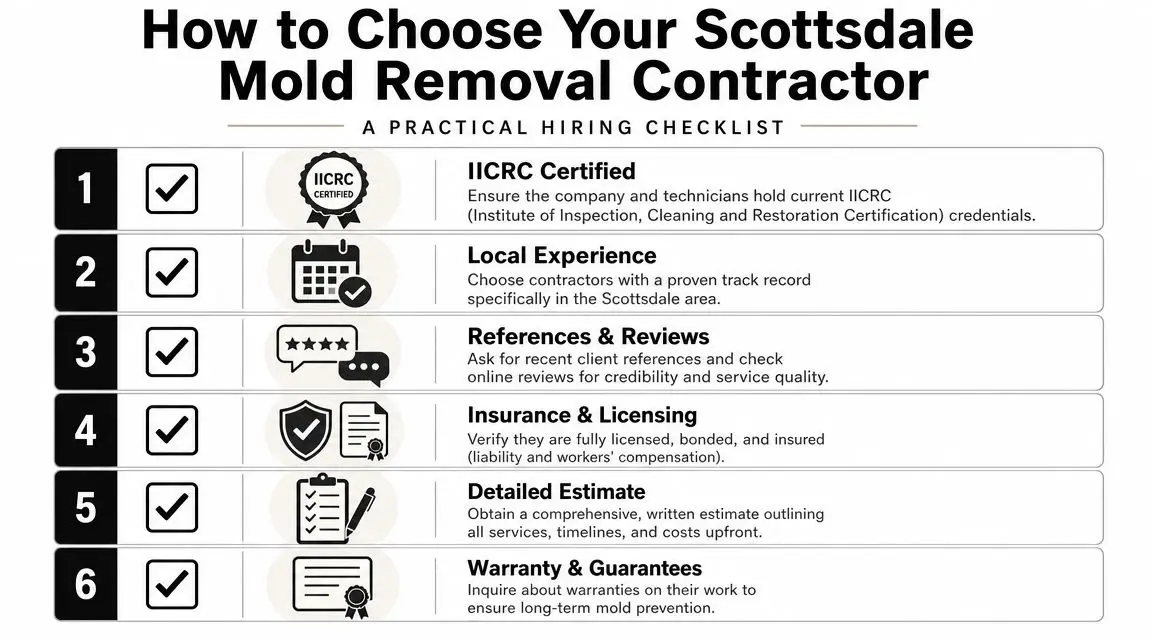 A checklist infographic titled How to Choose Your Scottsdale Mold Removal Contractor with six professional selection steps.