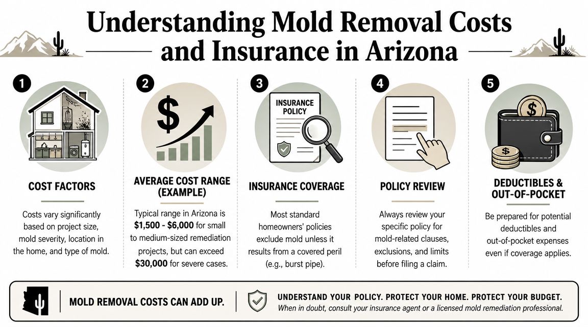 An infographic titled Understanding Mold Removal Costs and Insurance in Arizona with five key steps for homeowners.