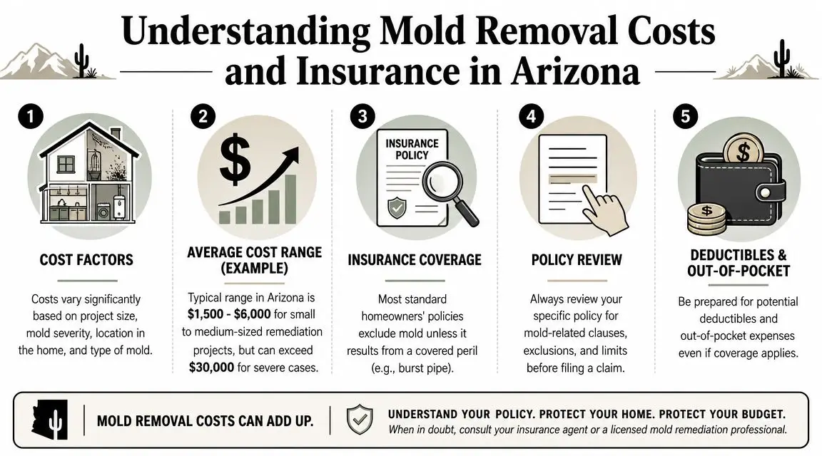 An infographic titled Understanding Mold Removal Costs and Insurance in Arizona with five key steps for homeowners.