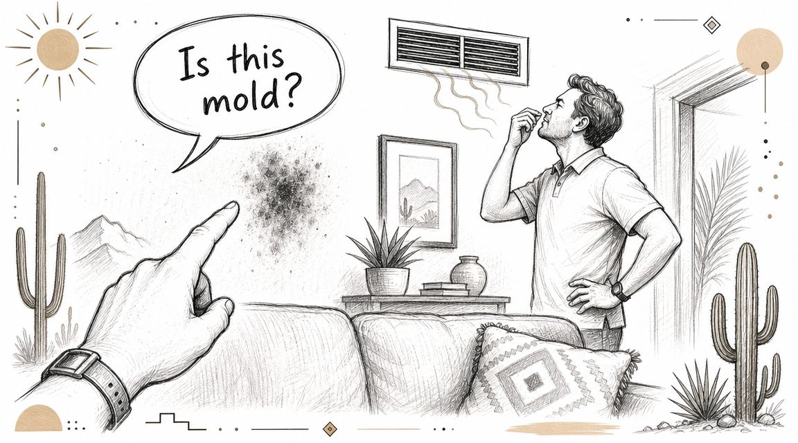 A person pointing at a dark suspicious spot on a living room wall, asking if it is mold.