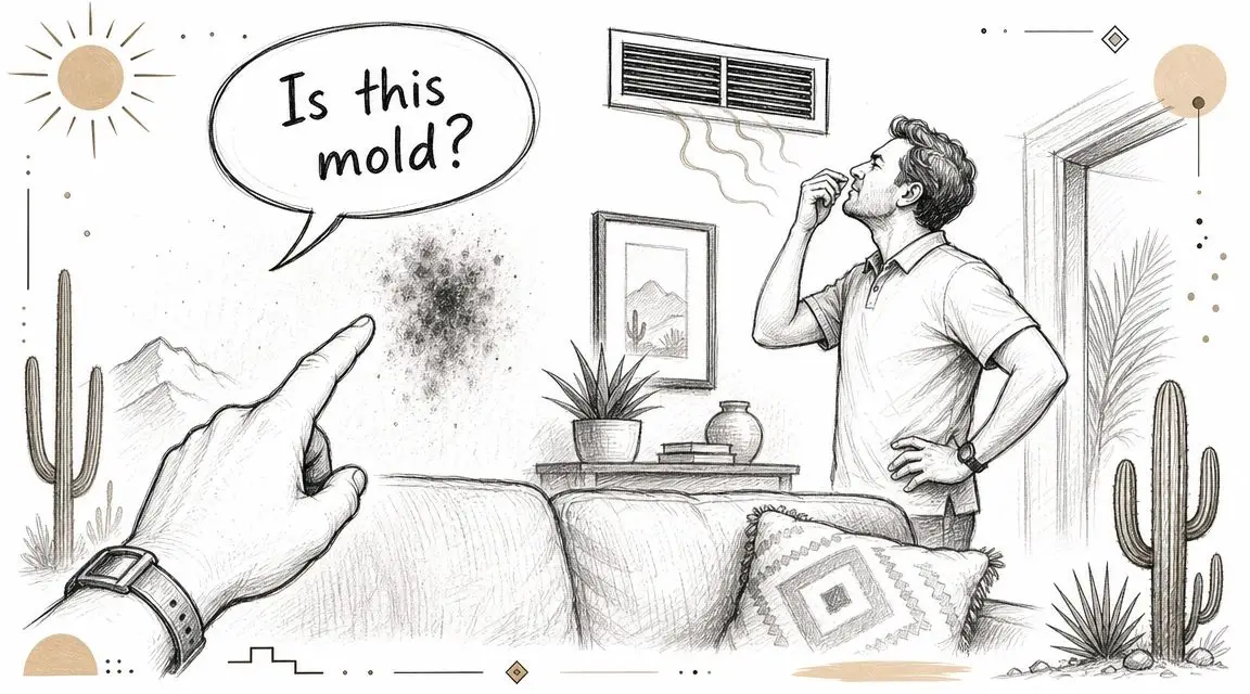 A person pointing at a dark suspicious spot on a living room wall, asking if it is mold.