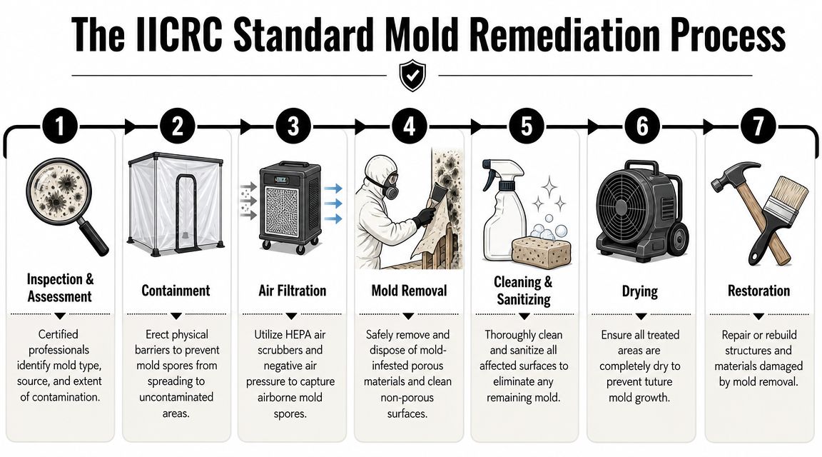 A seven-step infographic detailing the IICRC standard process for professional mold remediation in damaged buildings.