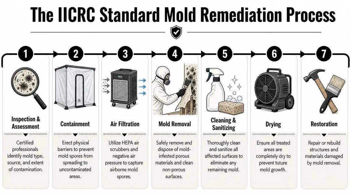 A seven-step infographic detailing the IICRC standard process for professional mold remediation in damaged buildings.