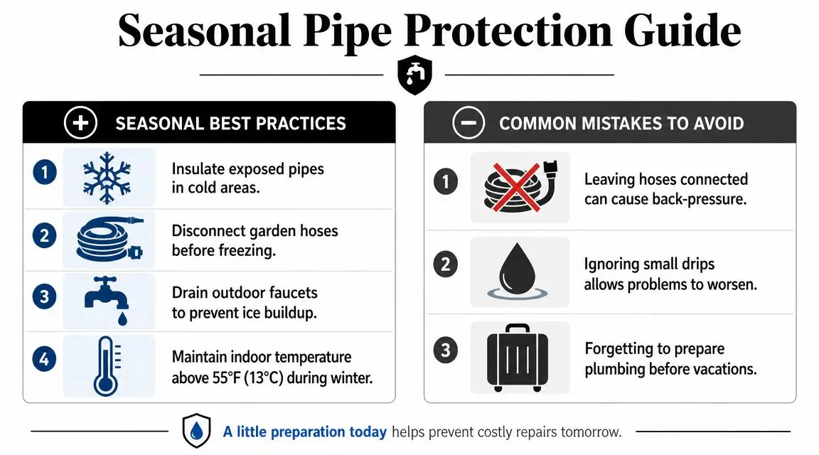 A helpful infographic outlining seasonal best practices and common mistakes for protecting household pipes from winter damage.