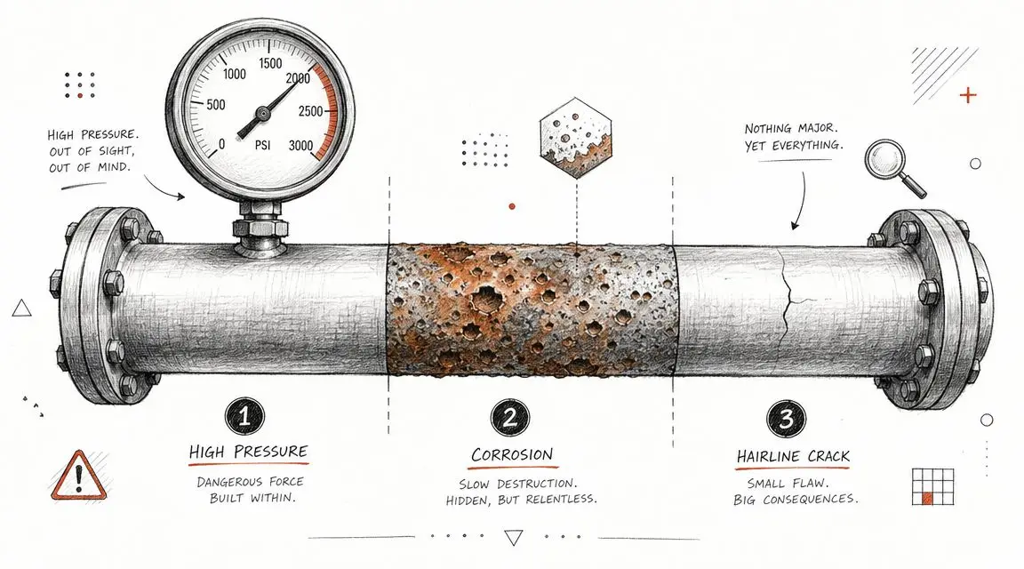 A diagram illustrating pipe burst risks with high pressure, internal pipe corrosion, and a growing hairline crack.