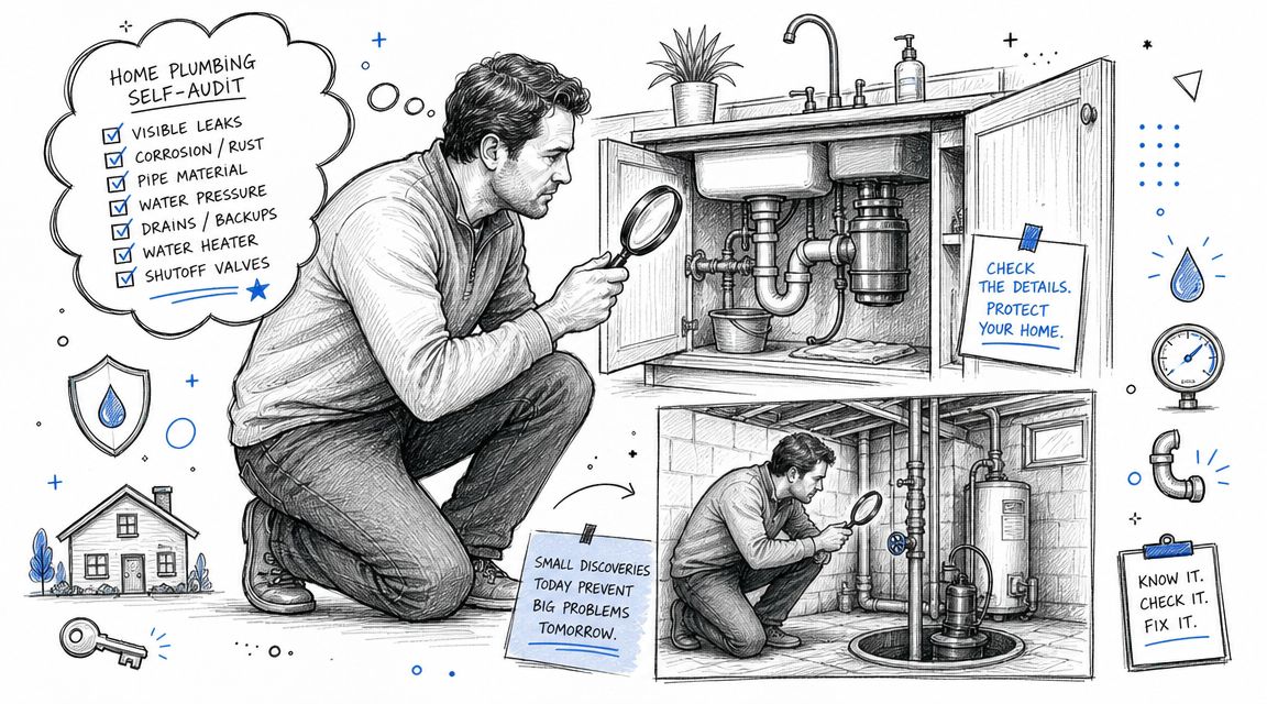 A man performing a home plumbing self-audit by inspecting kitchen pipes and a basement water heater.