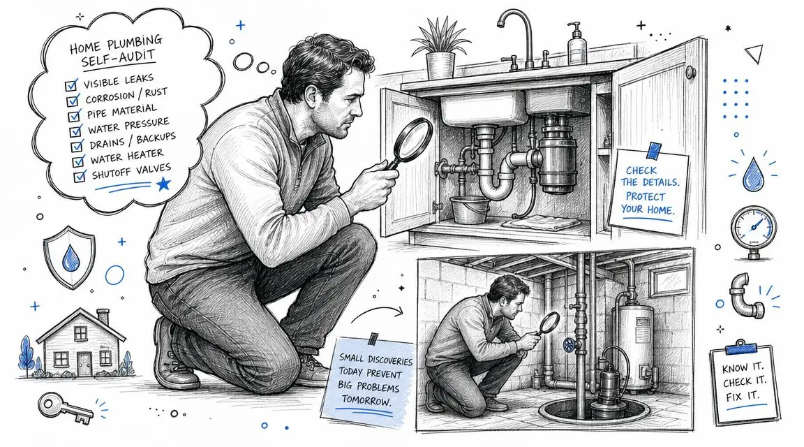A man performing a home plumbing self-audit by inspecting kitchen pipes and a basement water heater.