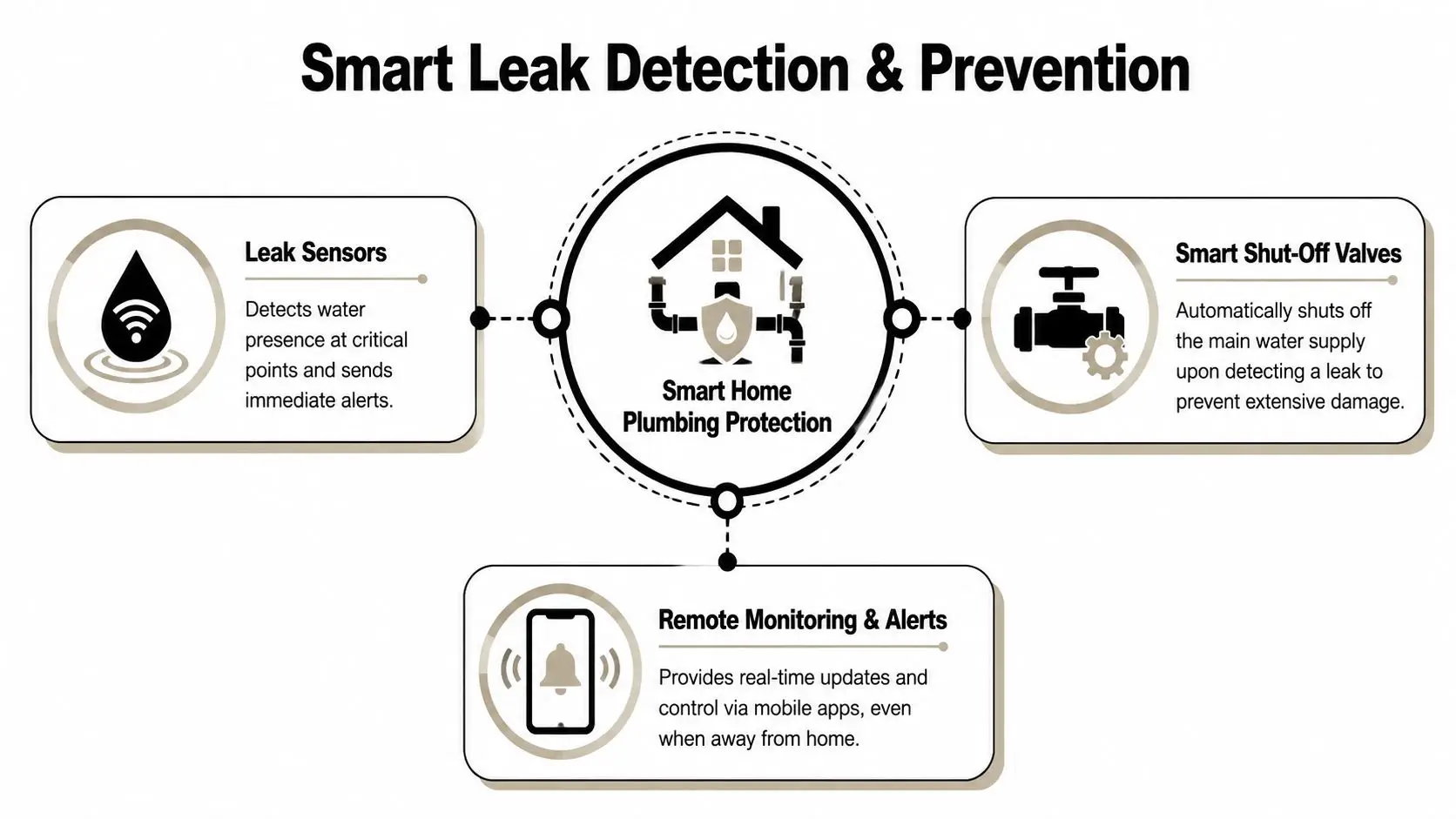 A diagram illustrating smart leak detection and prevention systems for home plumbing protection.