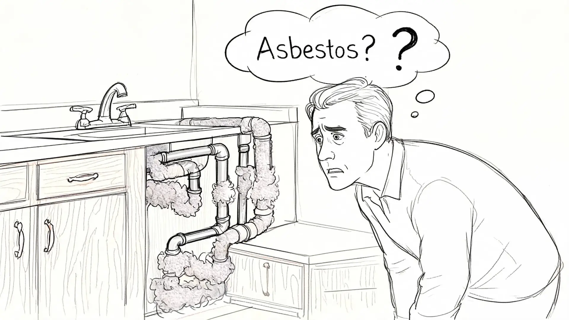 A concerned man looking at suspicious material covering pipes under a kitchen sink, questioning if it is asbestos.