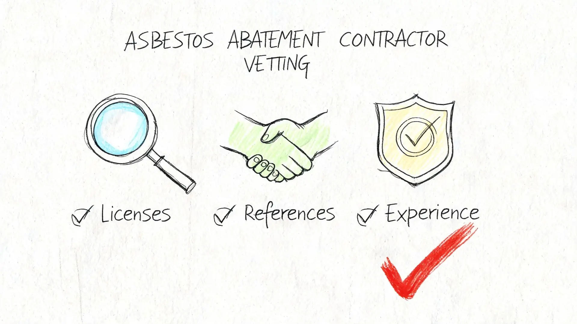 A sketched infographic illustrating the three main steps to vetting a residential asbestos abatement contractor.
