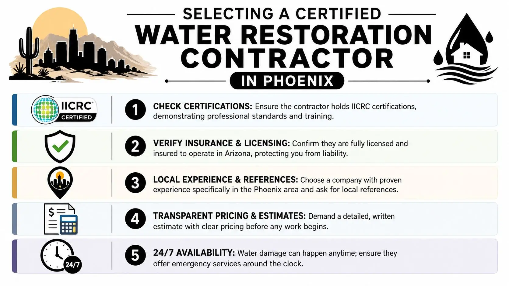 A guide listing five key steps for selecting a certified water restoration contractor in Phoenix.