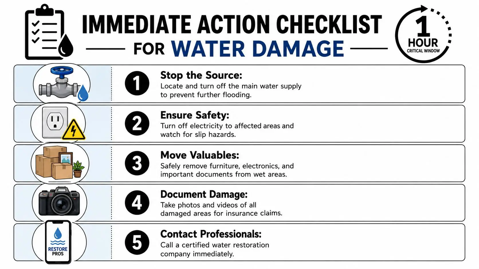 A five-step checklist for immediate action to take when dealing with home water damage and flooding.