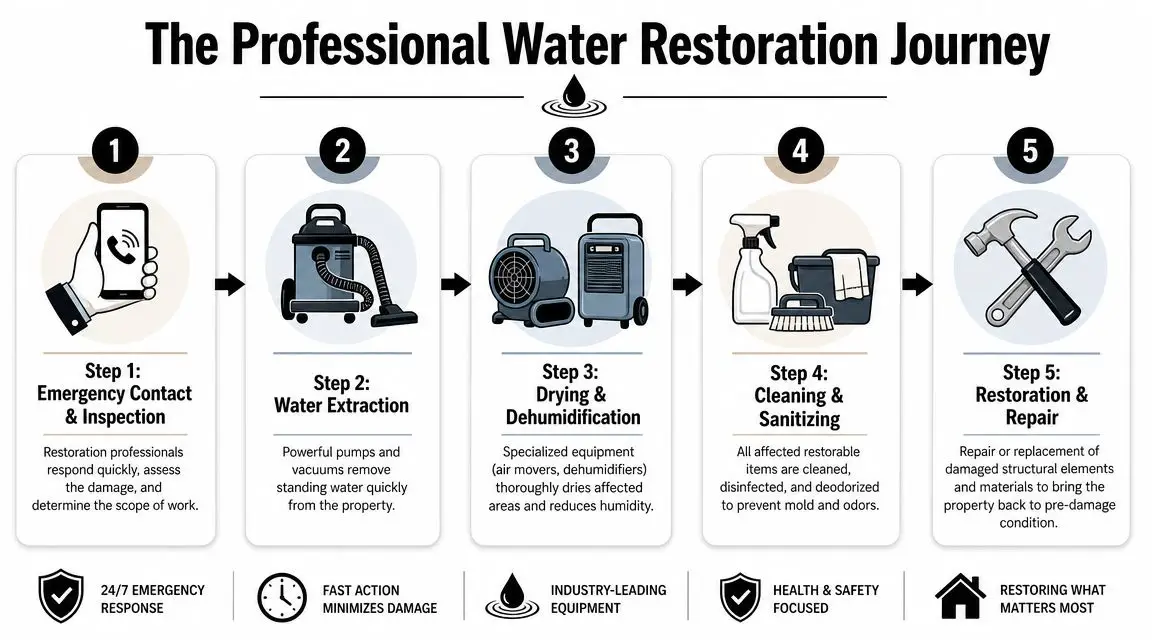 A flowchart showing the five-step professional water restoration process for damaged properties, from inspection to repair.