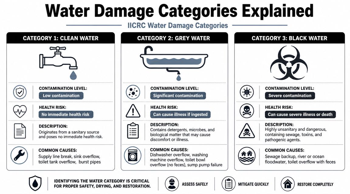 An infographic showing the three IICRC water damage categories with descriptions of contamination levels and health risks.