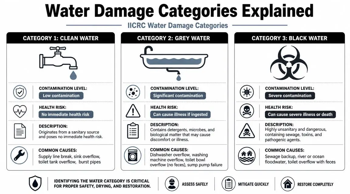 An infographic showing the three IICRC water damage categories with descriptions of contamination levels and health risks.