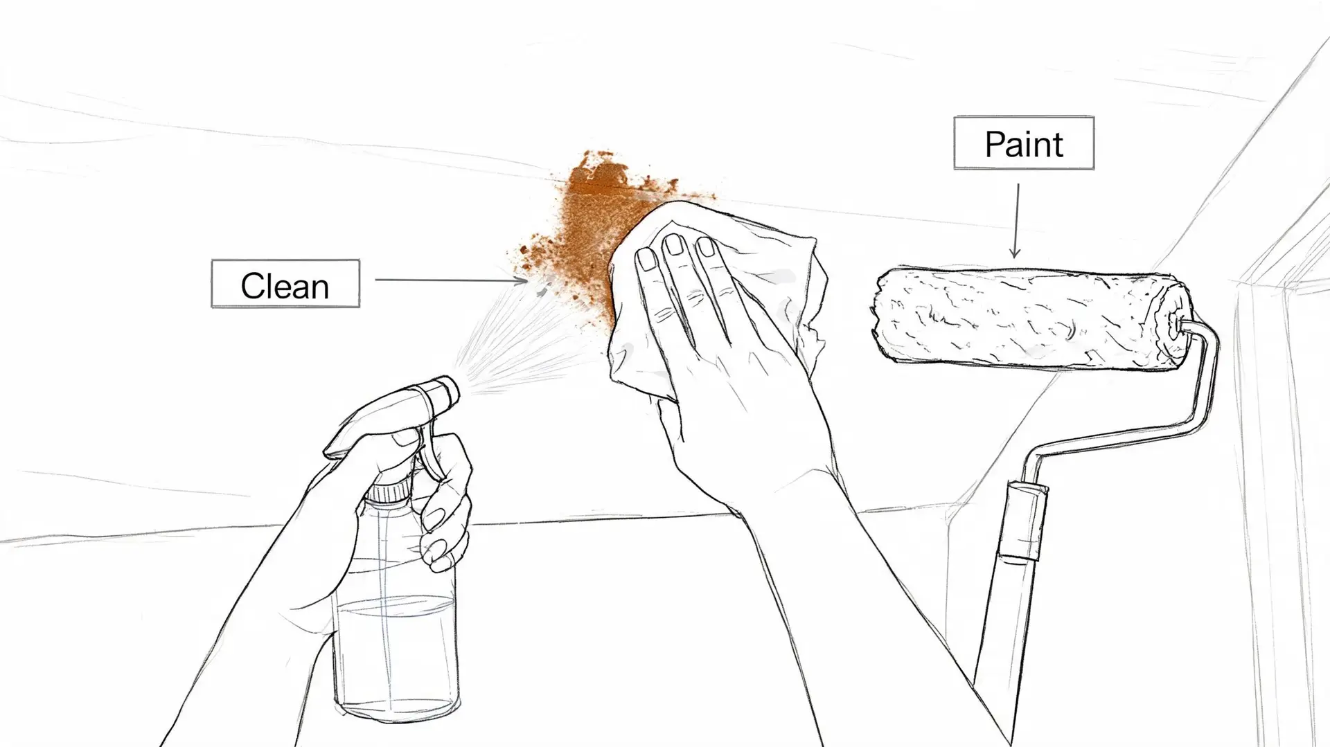 A hand cleaning a brown stain off a ceiling with a spray bottle and cloth before painting.