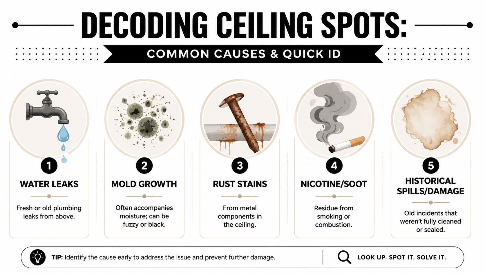 An infographic titled Decoding Ceiling Spots explaining common causes like water leaks, mold, rust, nicotine, and old stains.