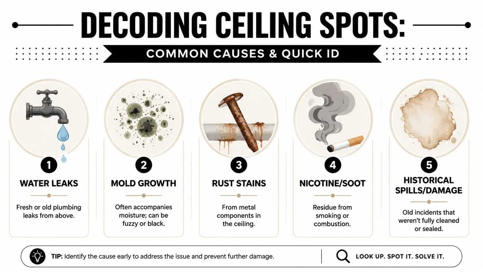 An infographic titled Decoding Ceiling Spots explaining common causes like water leaks, mold, rust, nicotine, and old stains.