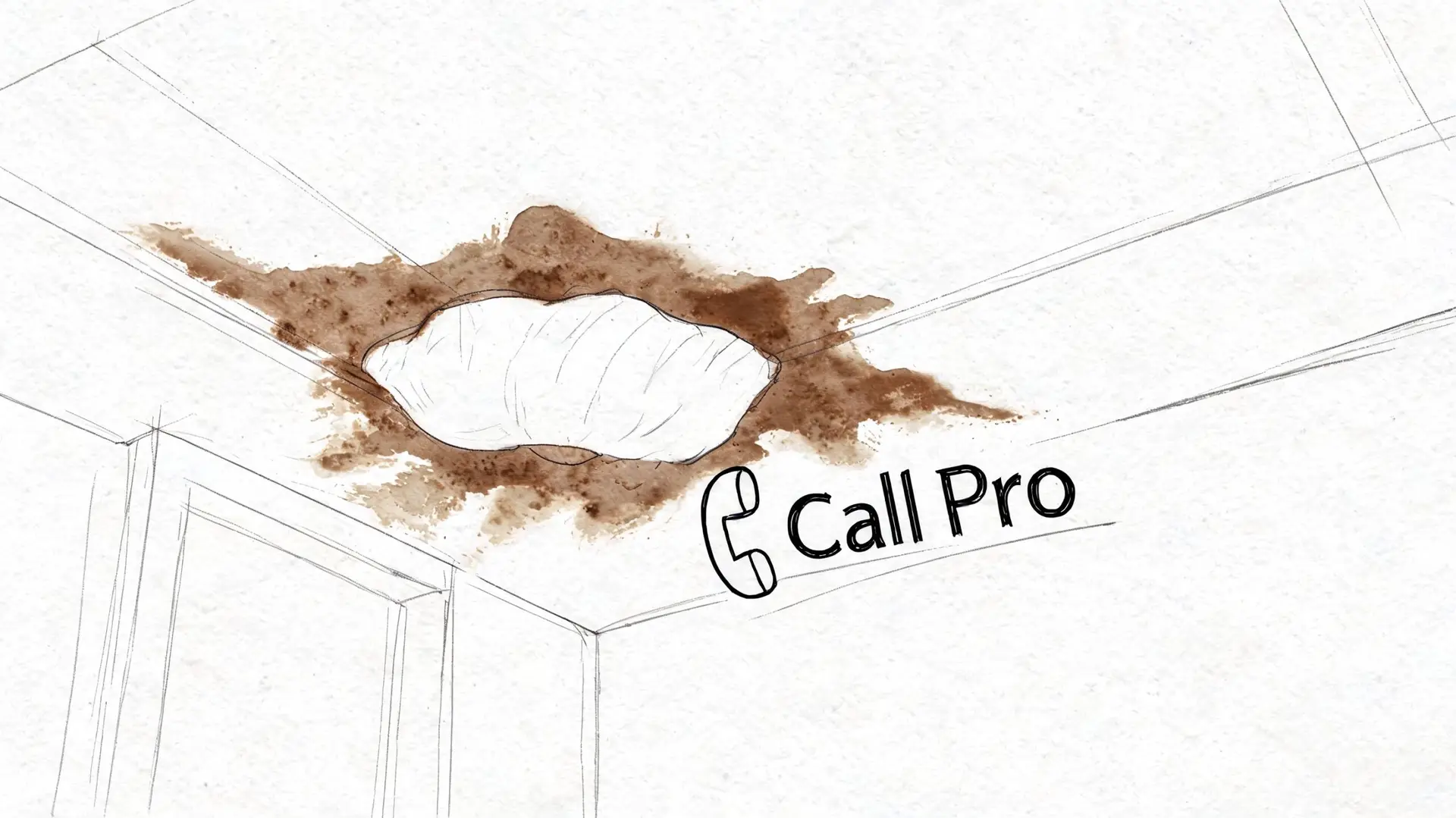 A sketched illustration of a water-damaged ceiling showing a large brown stain and an call pro icon.