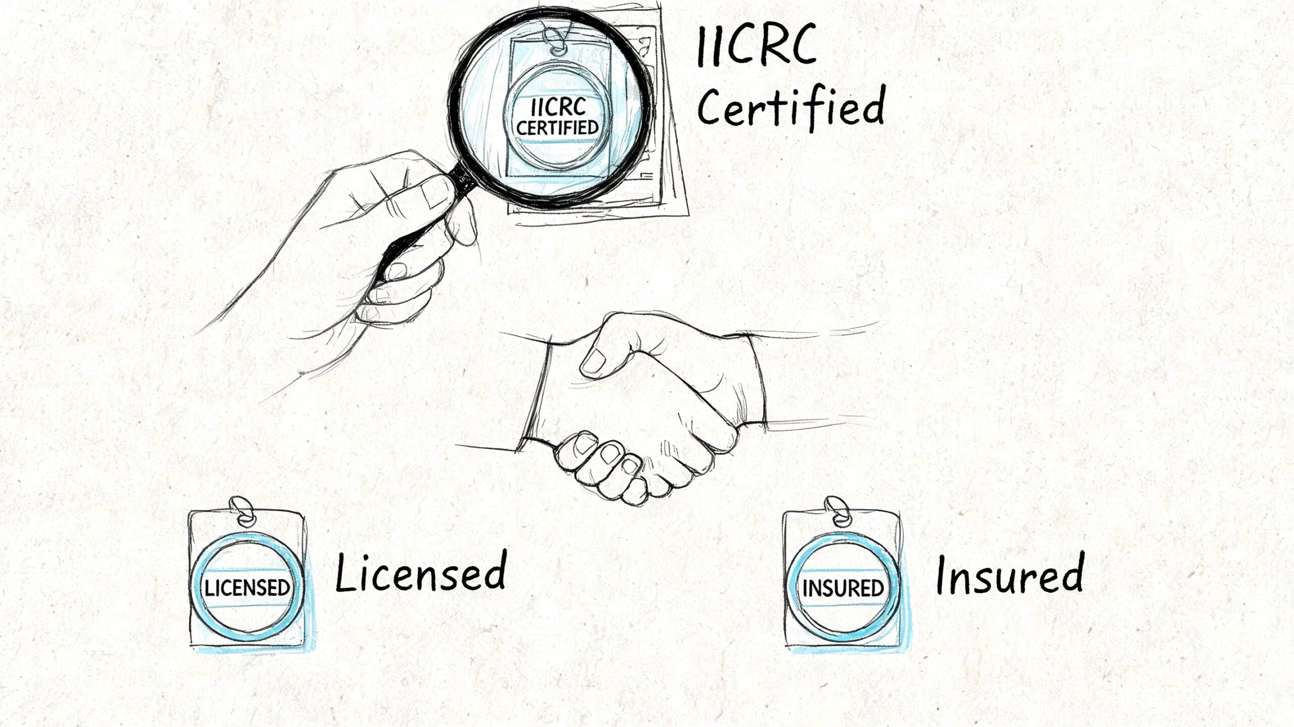 A line drawing illustration showing a magnifying glass, a handshake, and certification badges representing IICRC certified, licensed, and insured services.