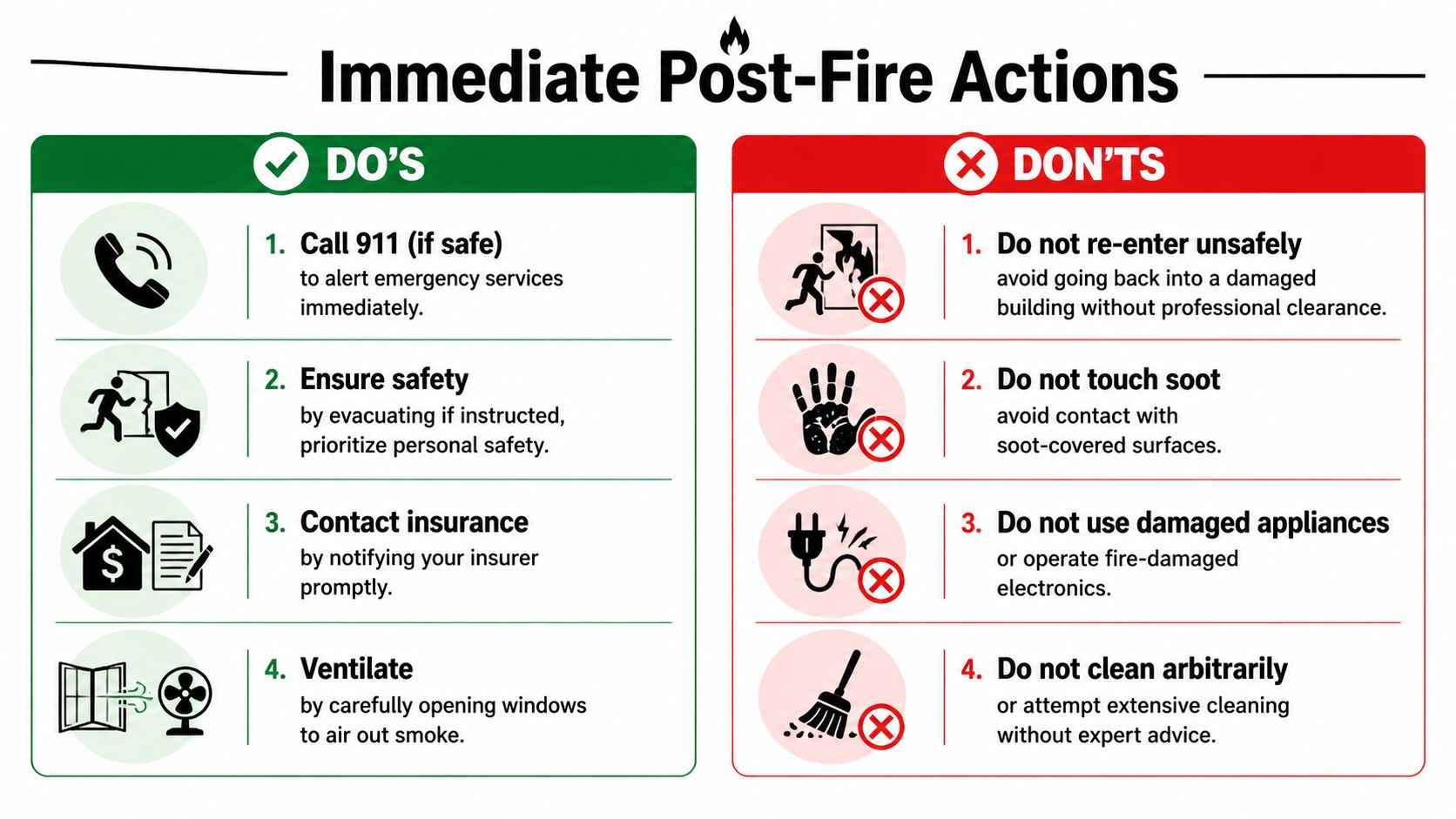 An infographic showing immediate post-fire actions, including a list of essential dos and important don'ts.