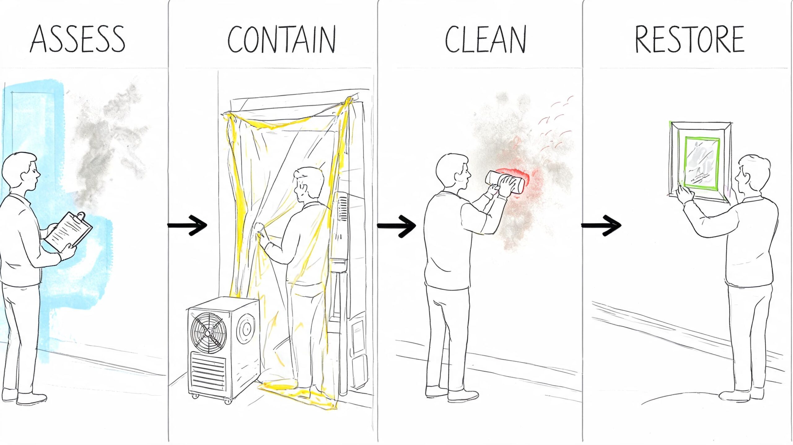 A four-step illustration showing the professional process of smoke damage assessment, containment, cleaning, and restoration.