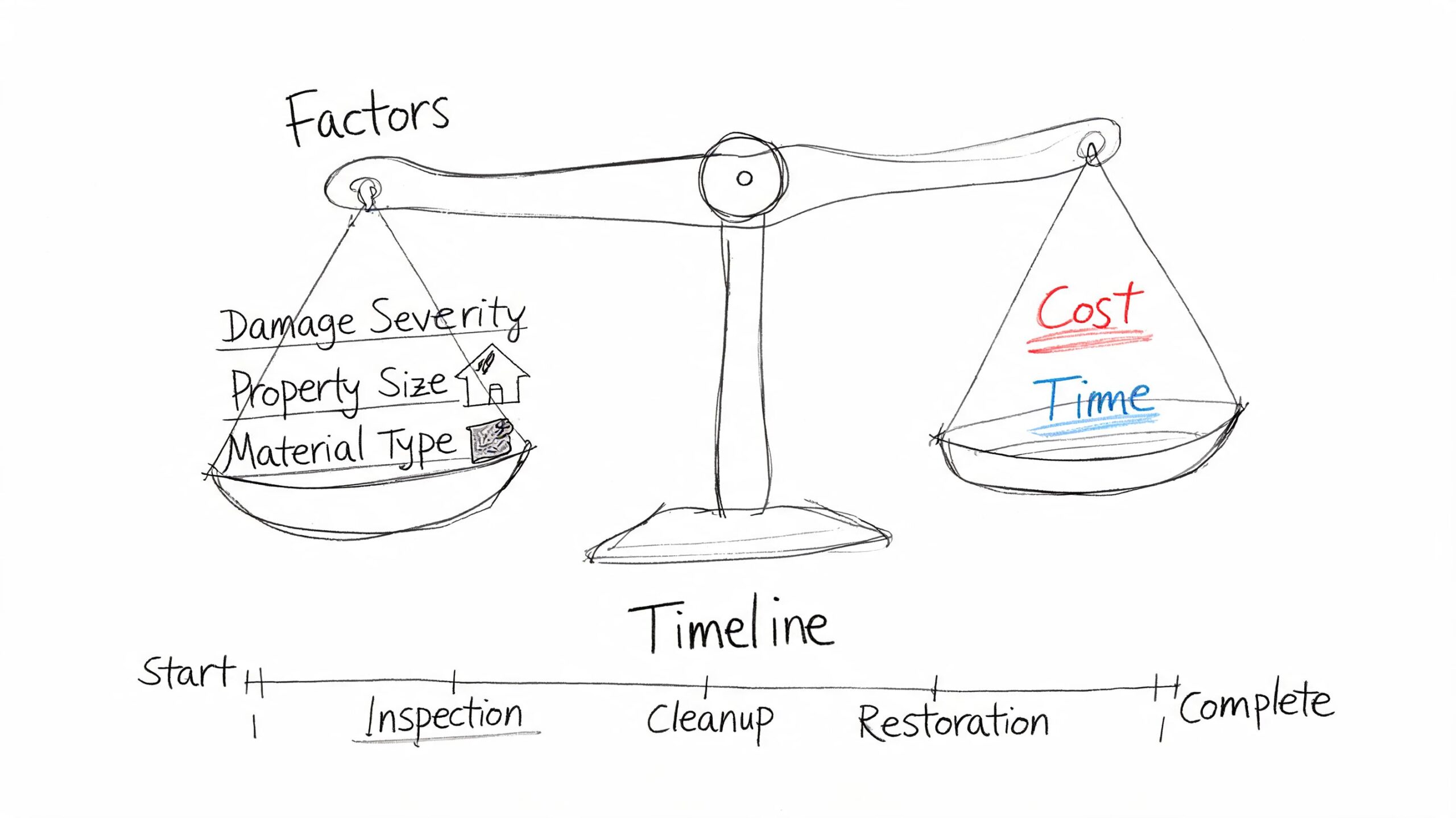 A hand-drawn illustration showing a balance scale weighing damage factors against project cost and completion time.