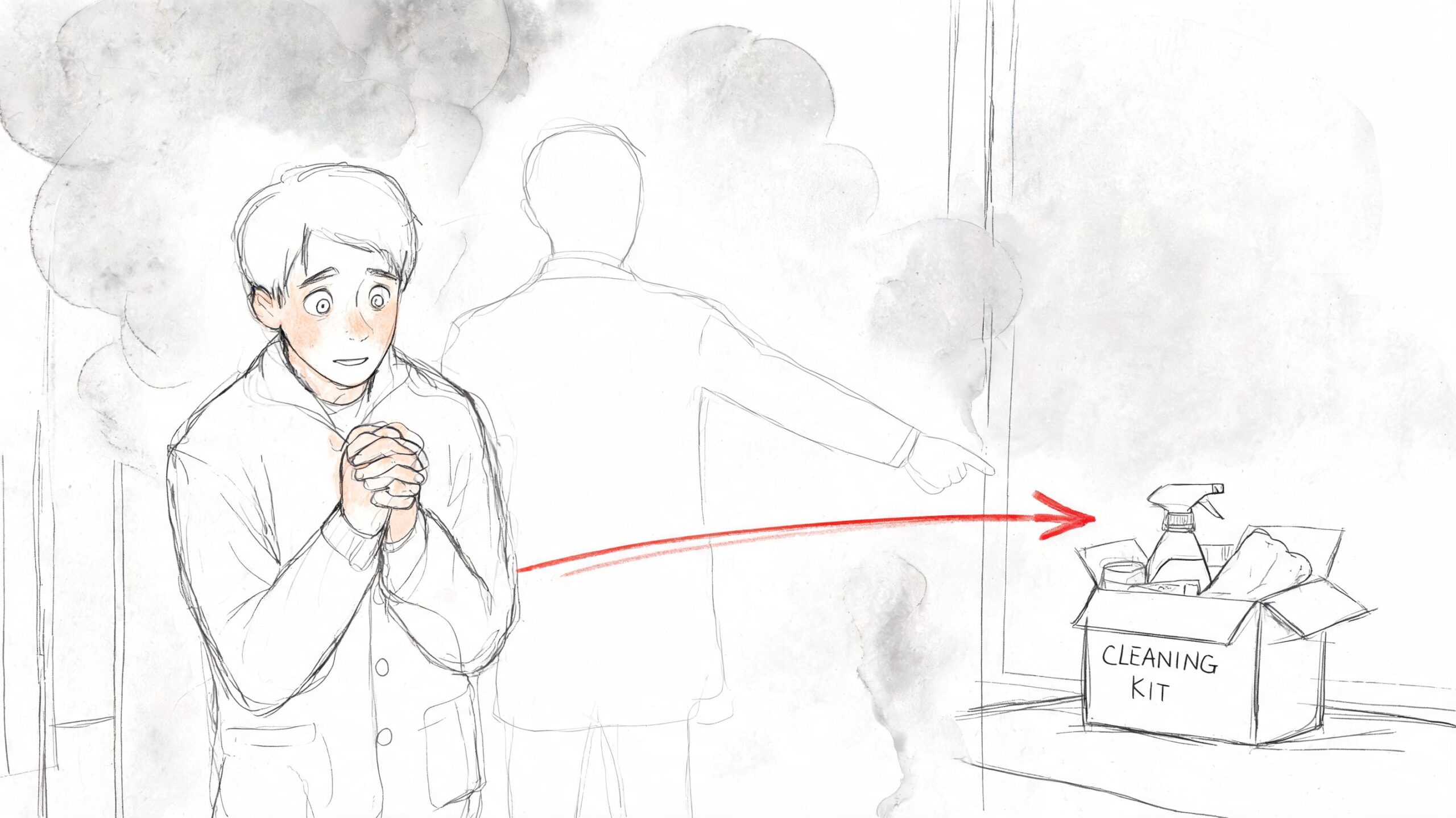 A worried young person looks at a cleaning kit box while an authority figure points toward it.