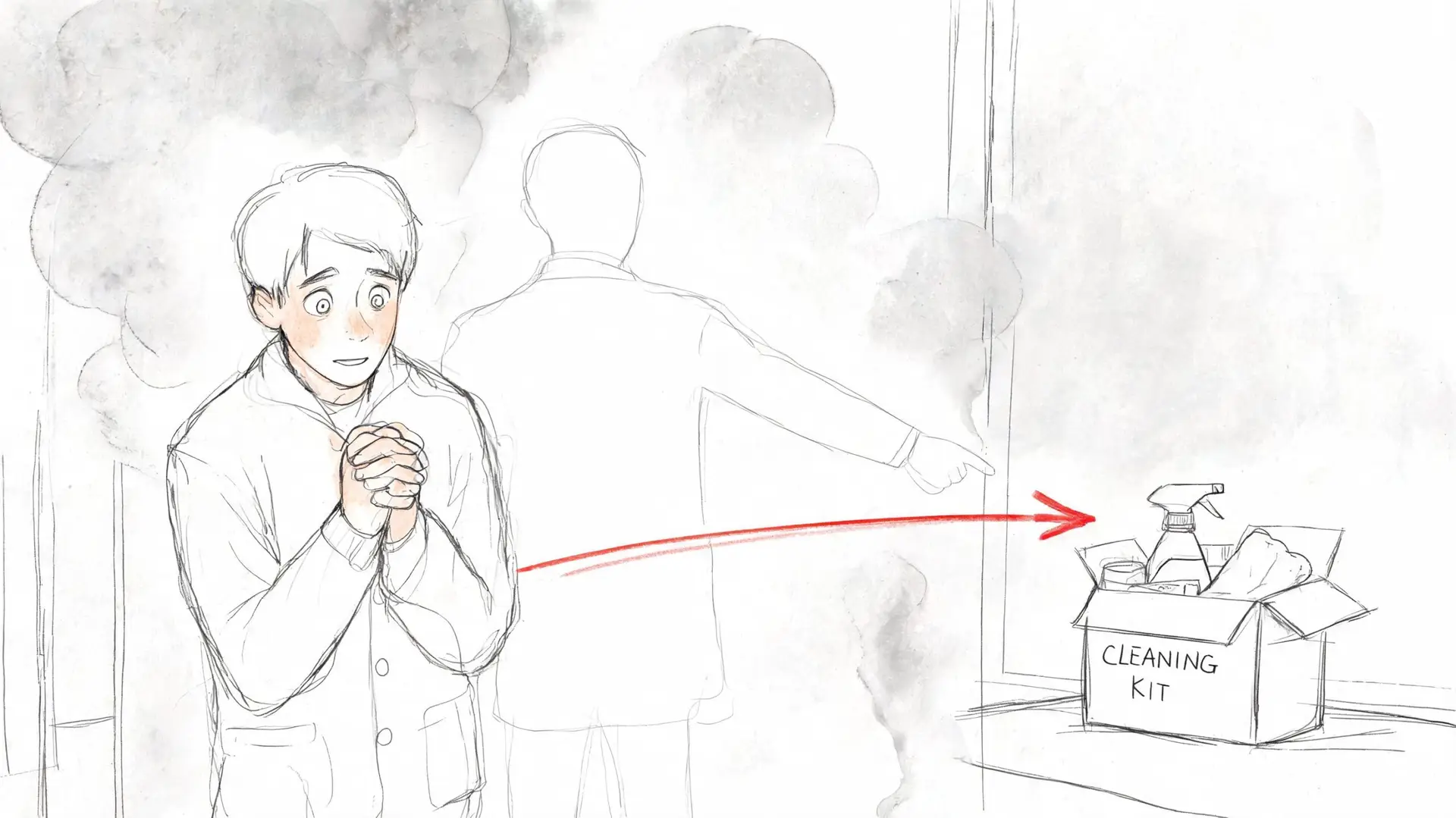 A worried young person looks at a cleaning kit box while an authority figure points toward it.