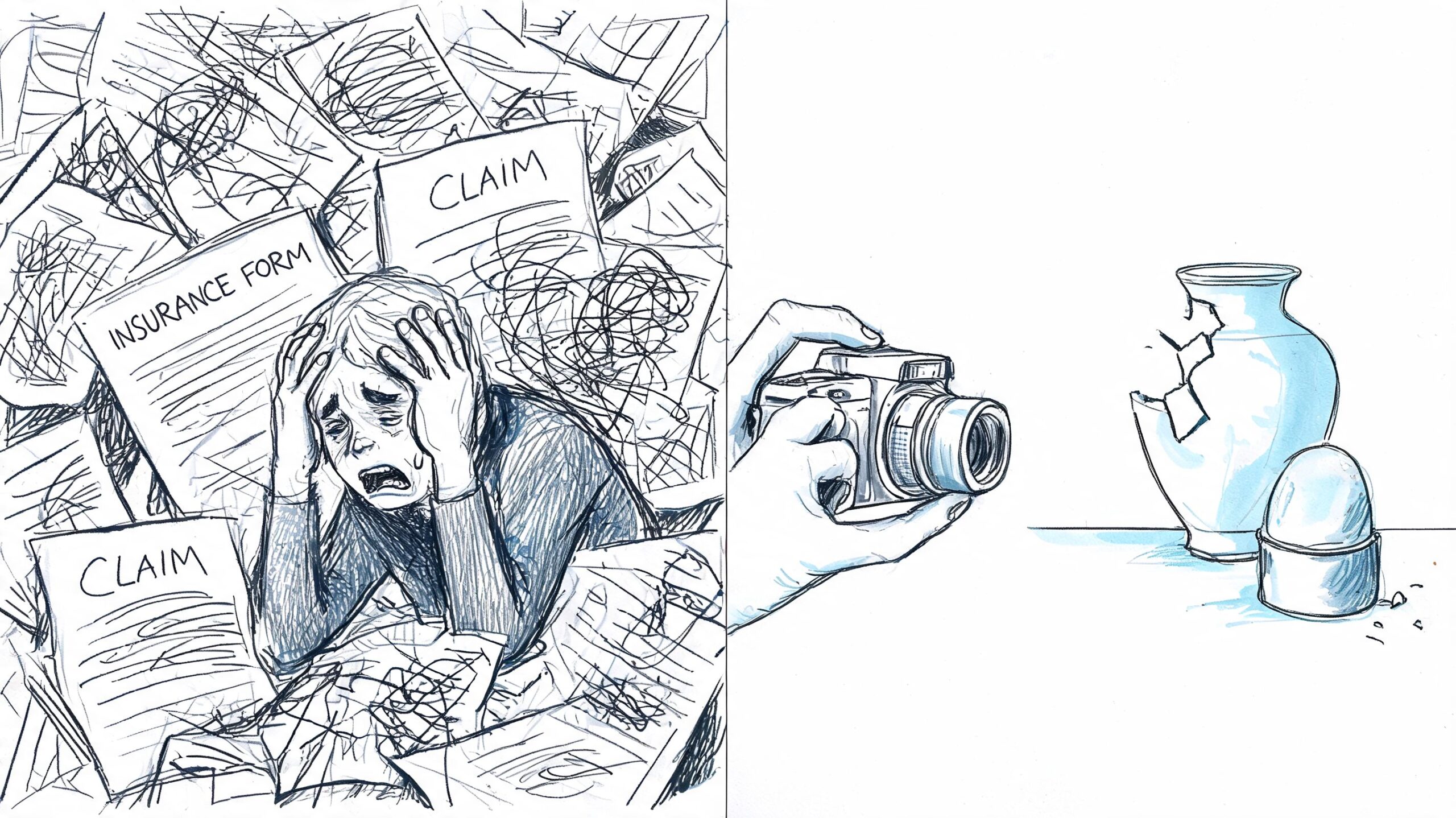 A person feeling overwhelmed by insurance paperwork next to a camera photographing a broken vase.
