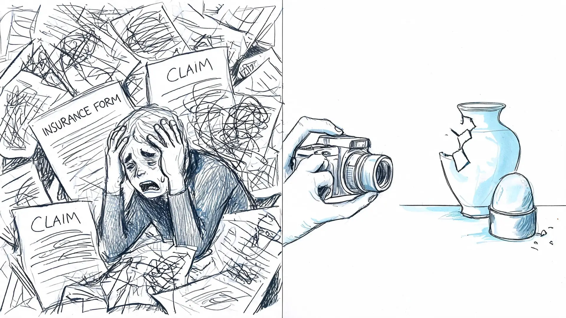 A person feeling overwhelmed by insurance paperwork next to a camera photographing a broken vase.